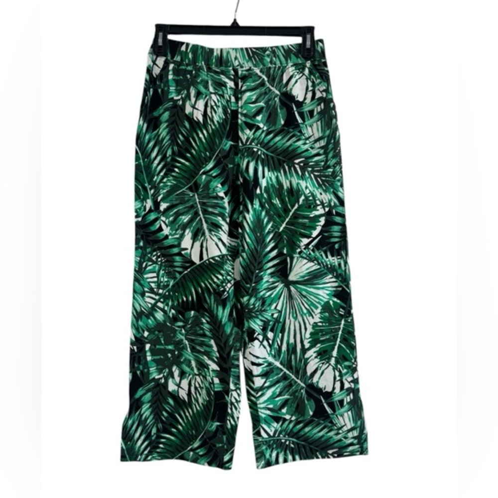 Tropical Green Leaf Print Wide Leg Palazzo Soft Stretch Pants Women’s Small